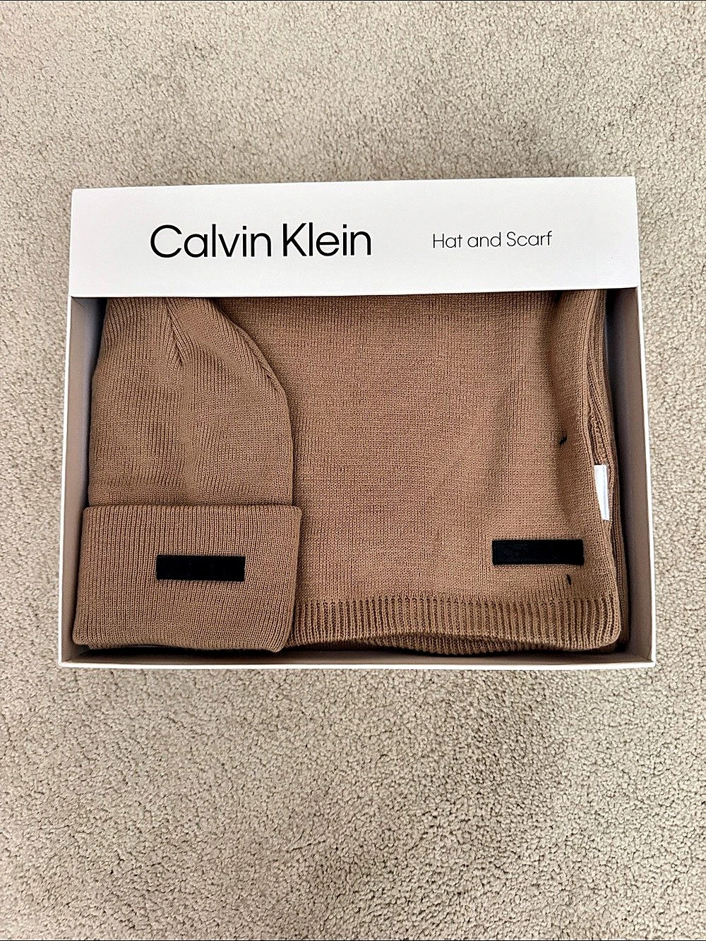 Calvin Klein Ribbed Beanie and Scarf Gift Set Brown